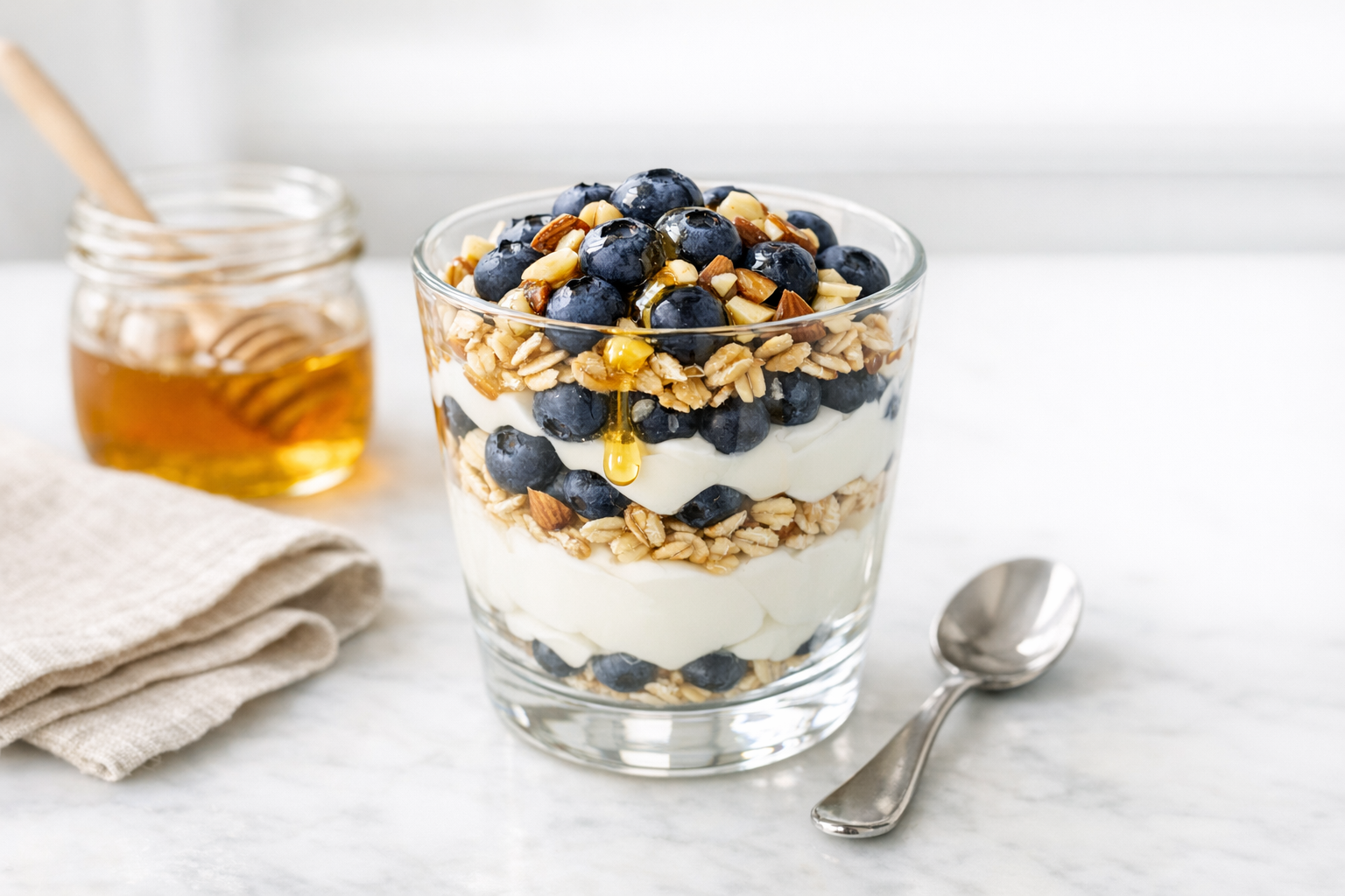 Blueberry Yogurt Parfait Sweetened with Honey made without refined sugar and sweetened with honey