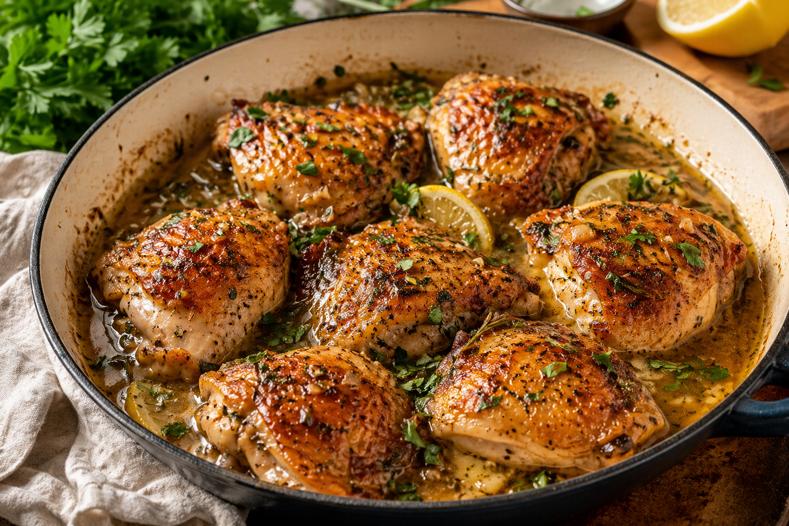 Herb Chicken Thighs with Honey Pan Sauce made without refined sugar and sweetened with honey