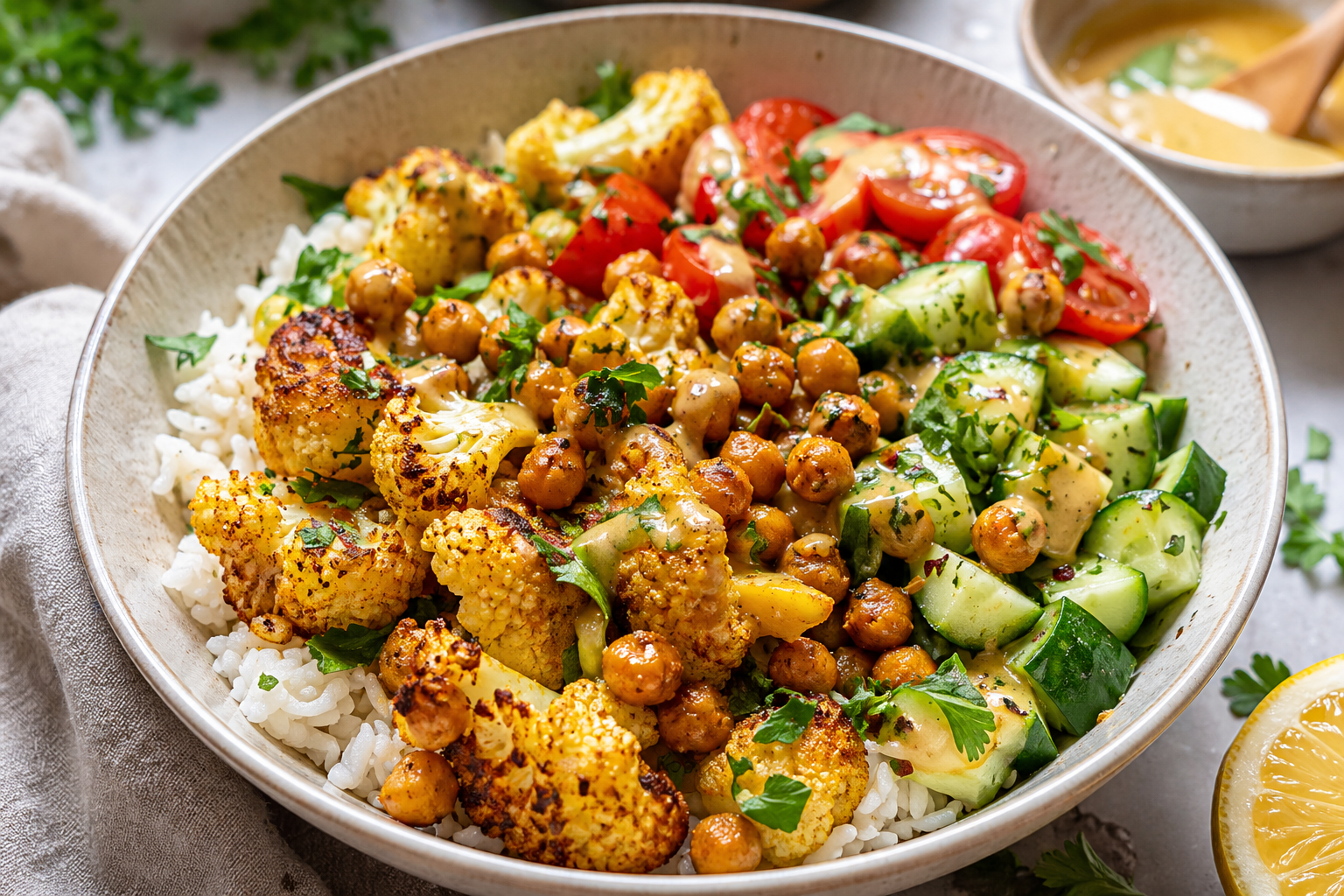 Roasted Cauliflower Chickpea Bowls with Honey Dressing made without refined sugar and sweetened with honey