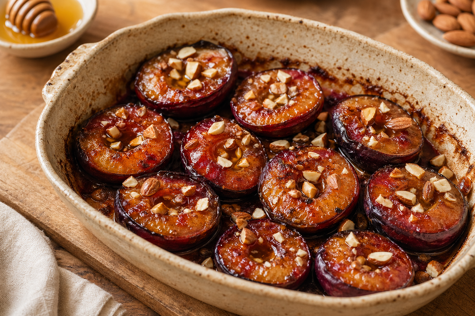 Roasted Plums with Honey and Cinnamon made without refined sugar and sweetened with honey