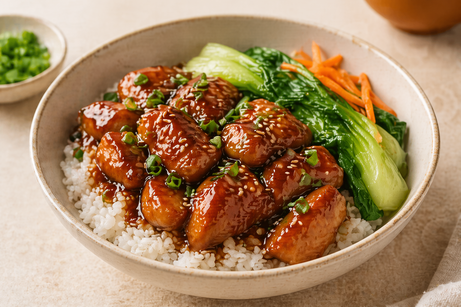 Soy Chicken Rice Bowl with Honey Glaze made without refined sugar and sweetened with honey