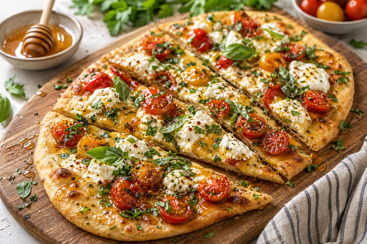 Tomato Flatbread with Honey Herb Drizzle