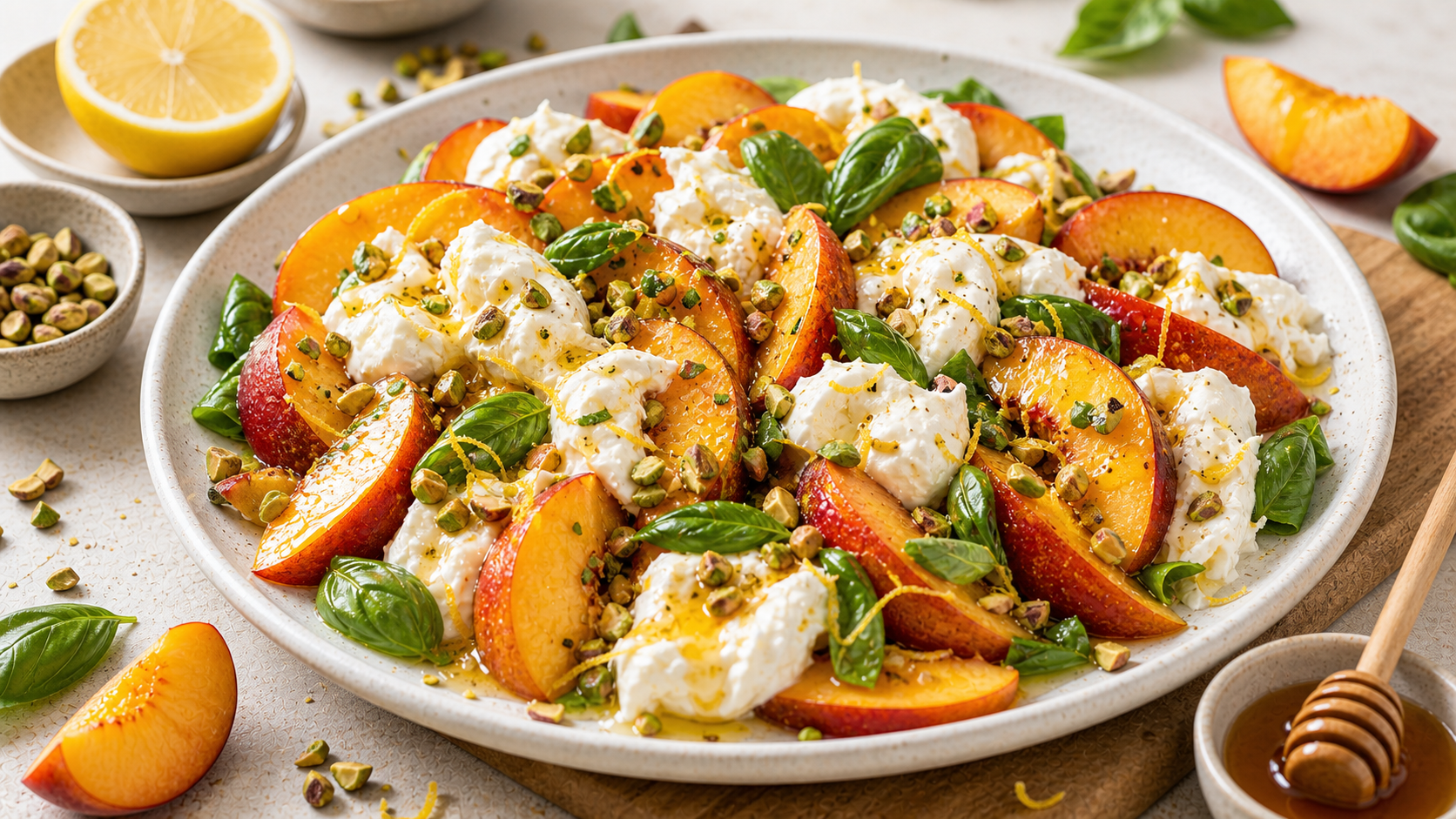Peach Burrata Salad with Honey made without refined sugar and sweetened with honey