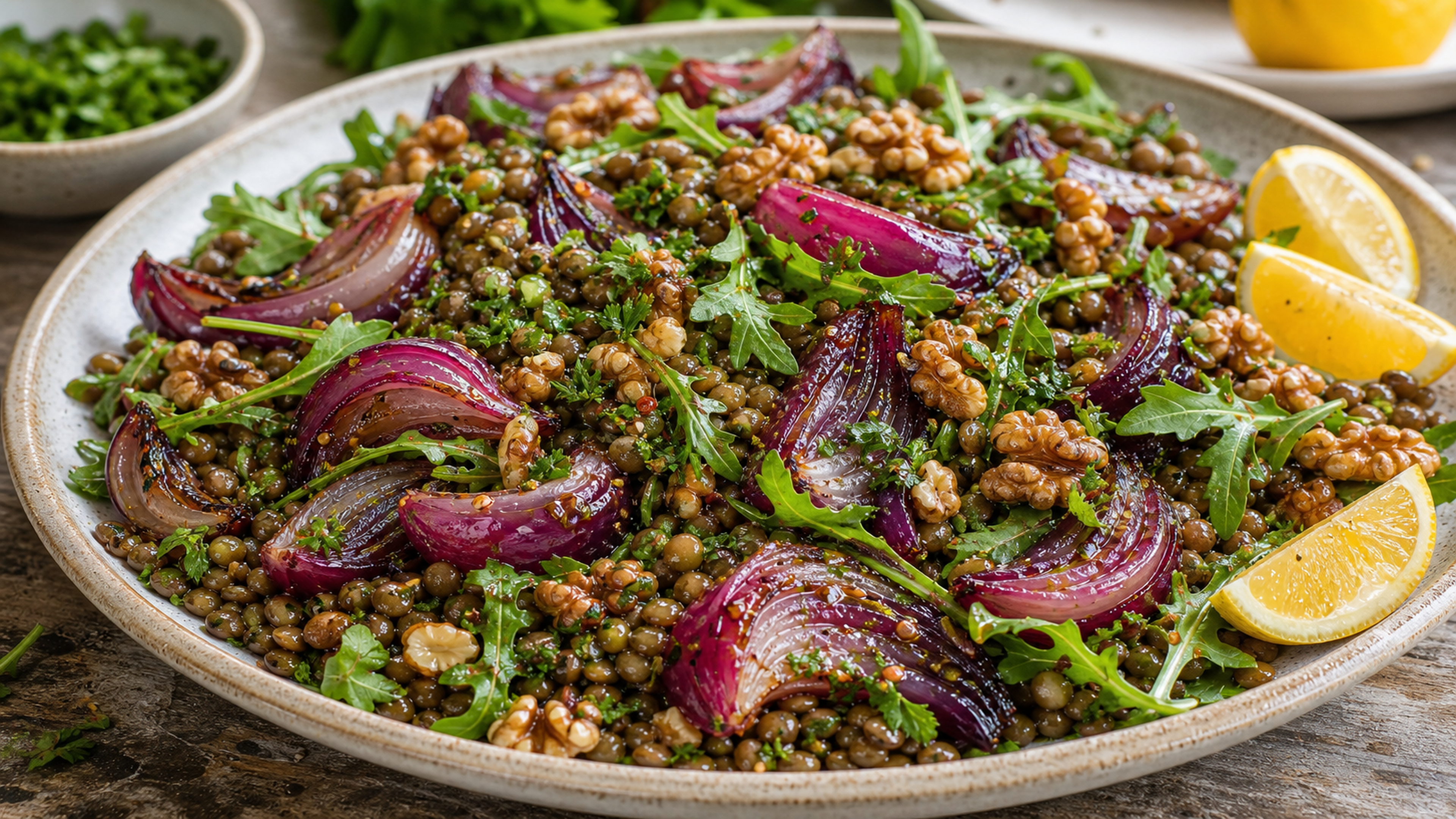 Honey Roasted Red Onion Lentil Salad recipe photo