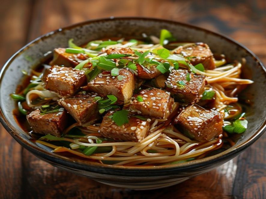 Sesame Tofu Noodles with Honey Ginger Sauce made without refined sugar and sweetened with honey